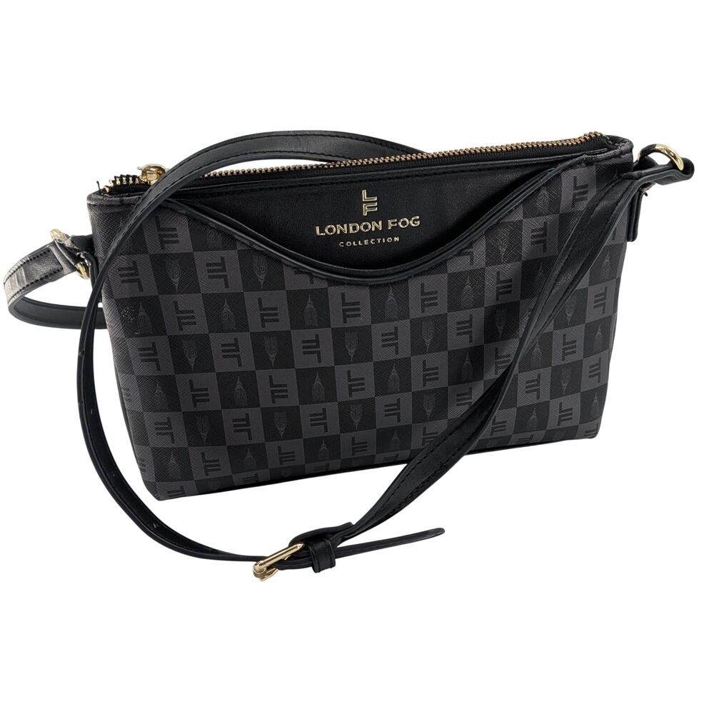 London Fog Addison Tower Signature Print Crossbody Bag Purse Black - Picture 2 of 11